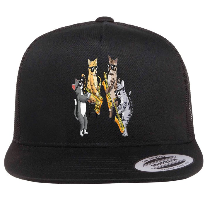 Cats Playing Saxophone Jazz Sax Musician Saxophonist Flat Bill Trucker Hat