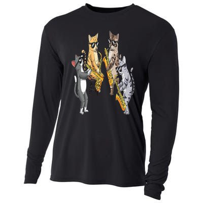 Cats Playing Saxophone Jazz Sax Musician Saxophonist Cooling Performance Long Sleeve Crew