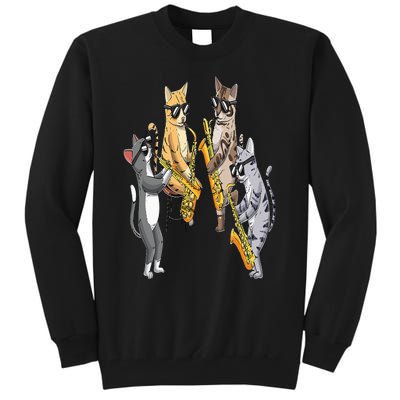 Cats Playing Saxophone Jazz Sax Musician Saxophonist Tall Sweatshirt