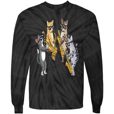 Cats Playing Saxophone Jazz Sax Musician Saxophonist Tie-Dye Long Sleeve Shirt