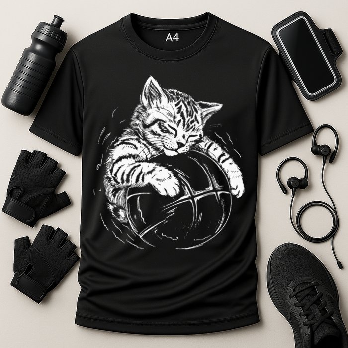 Cat Player Sleeping On A Basketball Kitties Pet Lover Performance Shirt