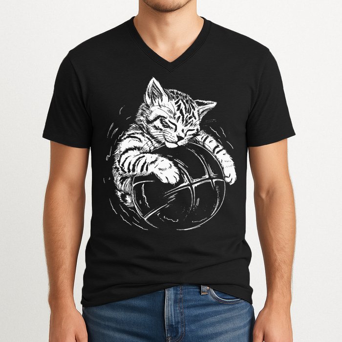Cat Player Sleeping On A Basketball Kitties Pet Lover V-Neck T-Shirt