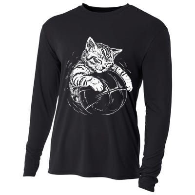 Cat Player Sleeping On A Basketball Kitties Pet Lover Cooling Performance Long Sleeve Crew