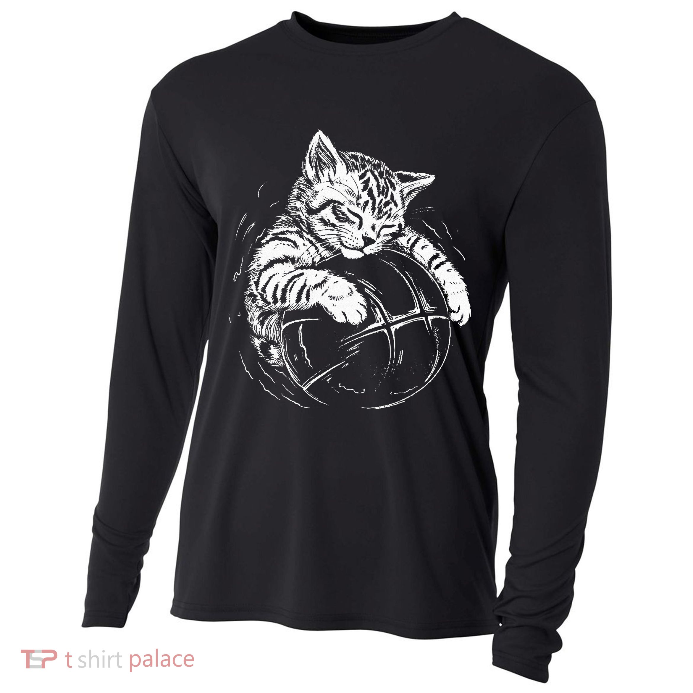 Cat Player Sleeping On A Basketball Kitties Pet Lover Cooling Performance Long Sleeve Crew