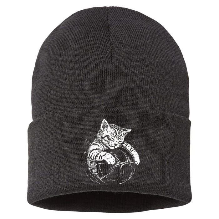 Cat Player Sleeping On A Basketball Kitties Pet Lover Sustainable Knit Beanie