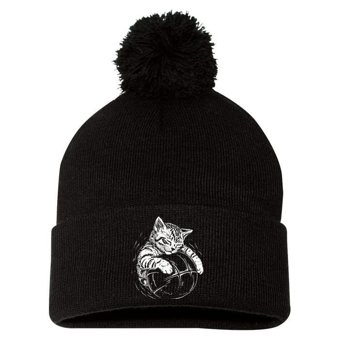 Cat Player Sleeping On A Basketball Kitties Pet Lover Pom Pom 12in Knit Beanie