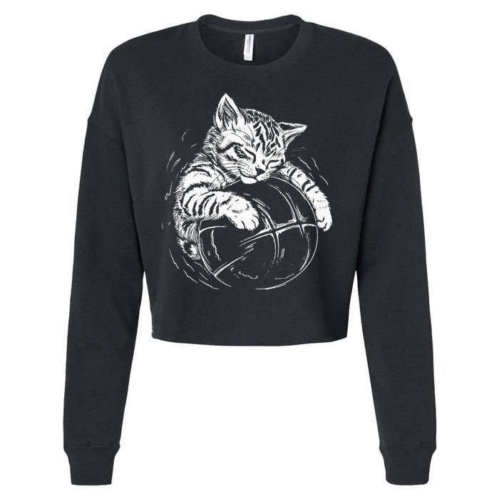 Cat Player Sleeping On A Basketball Kitties Pet Lover Cropped Pullover Crew