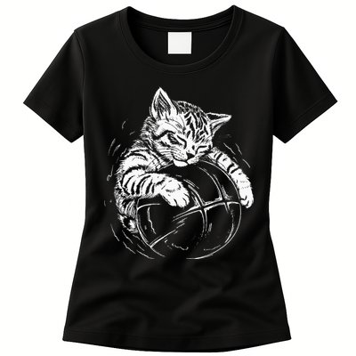 Cat Player Sleeping On A Basketball Kitties Pet Lover Womens T-Shirt