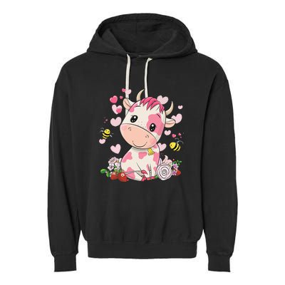 Cute Pink Strawberry Cow Print Kawaii Animal Garment-Dyed Fleece Hoodie