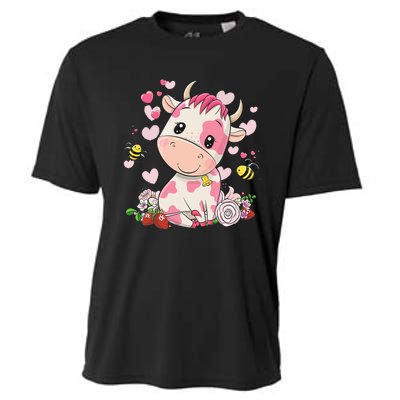 Cute Pink Strawberry Cow Print Kawaii Animal Cooling Performance Crew T-Shirt