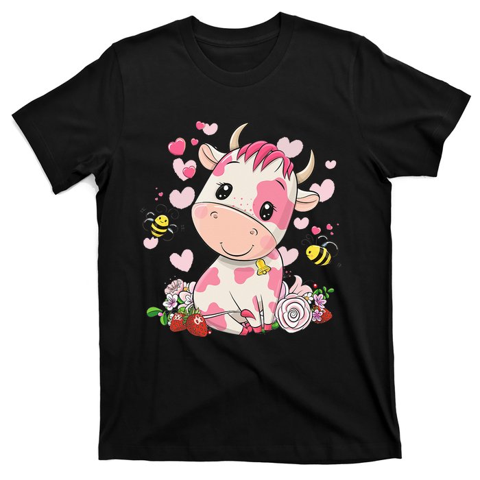 Cute Pink Strawberry Cow Print Kawaii Animal T-Shirt