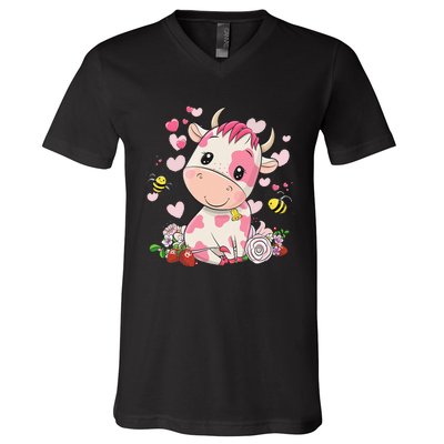 Cute Pink Strawberry Cow Print Kawaii Animal V-Neck T-Shirt