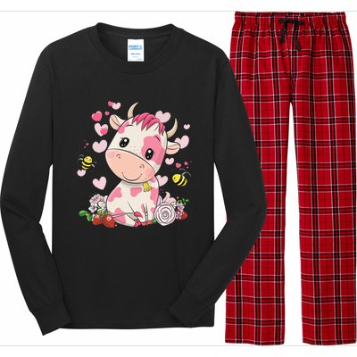 Cute Pink Strawberry Cow Print Kawaii Animal Long Sleeve Pajama Set