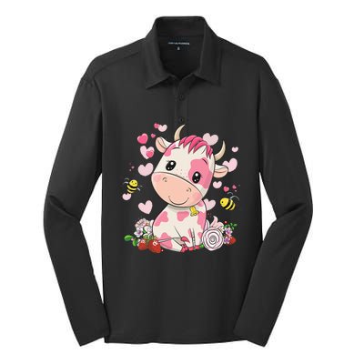 Cute Pink Strawberry Cow Print Kawaii Animal Silk Touch Performance Long Sleeve Polo