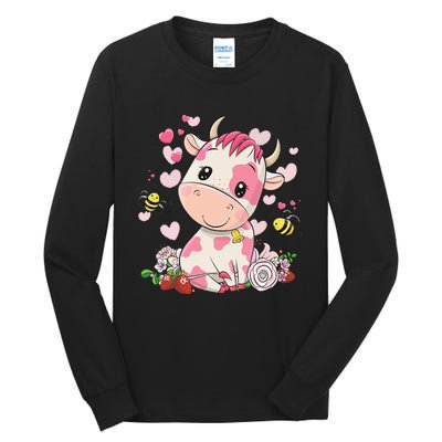 Cute Pink Strawberry Cow Print Kawaii Animal Tall Long Sleeve T-Shirt