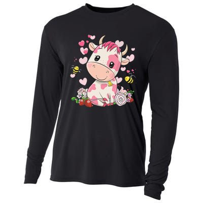 Cute Pink Strawberry Cow Print Kawaii Animal Cooling Performance Long Sleeve Crew