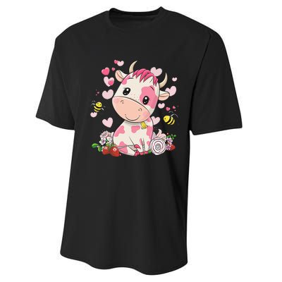 Cute Pink Strawberry Cow Print Kawaii Animal Performance Sprint T-Shirt