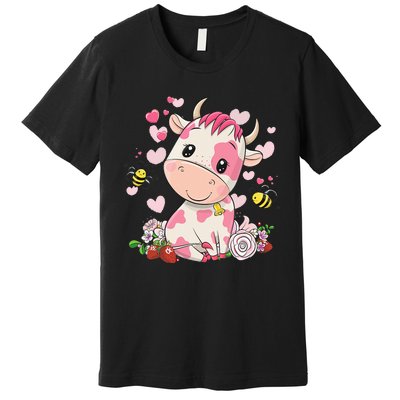 Cute Pink Strawberry Cow Print Kawaii Animal Premium T-Shirt