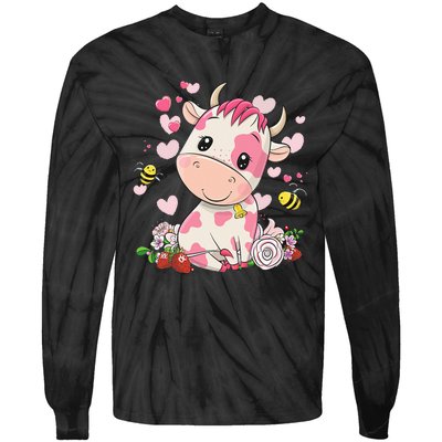 Cute Pink Strawberry Cow Print Kawaii Animal Tie-Dye Long Sleeve Shirt