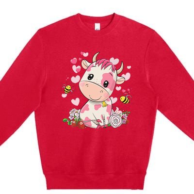 Cute Pink Strawberry Cow Print Kawaii Animal Premium Crewneck Sweatshirt