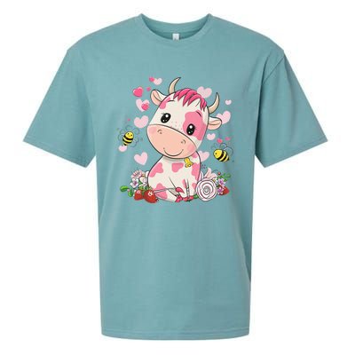 Cute Pink Strawberry Cow Print Kawaii Animal Sueded Cloud Jersey T-Shirt