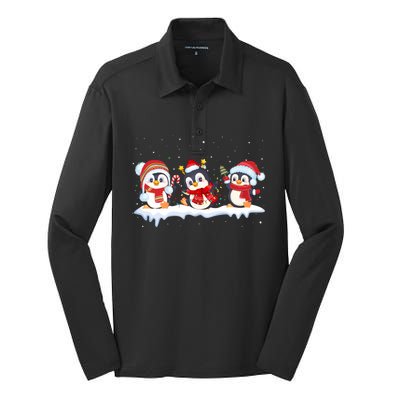 Christmas Penguins Santa Hat Lights Tree Xmas Penguin Lovers Gift Silk Touch Performance Long Sleeve Polo