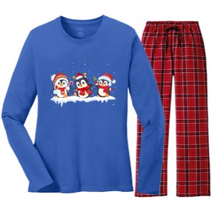 Christmas Penguins Santa Hat Lights Tree Xmas Penguin Lovers Gift Women's Long Sleeve Flannel Pajama Set 