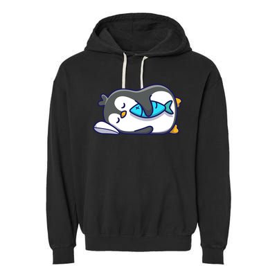 Cute Penguin Sleeping With Fish Garment-Dyed Fleece Hoodie