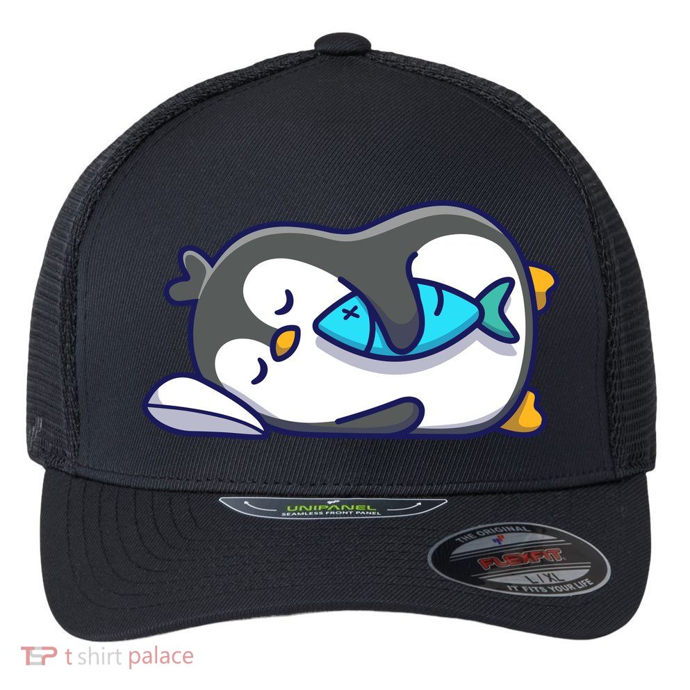 Cute Penguin Sleeping With Fish Flexfit Unipanel Trucker Cap