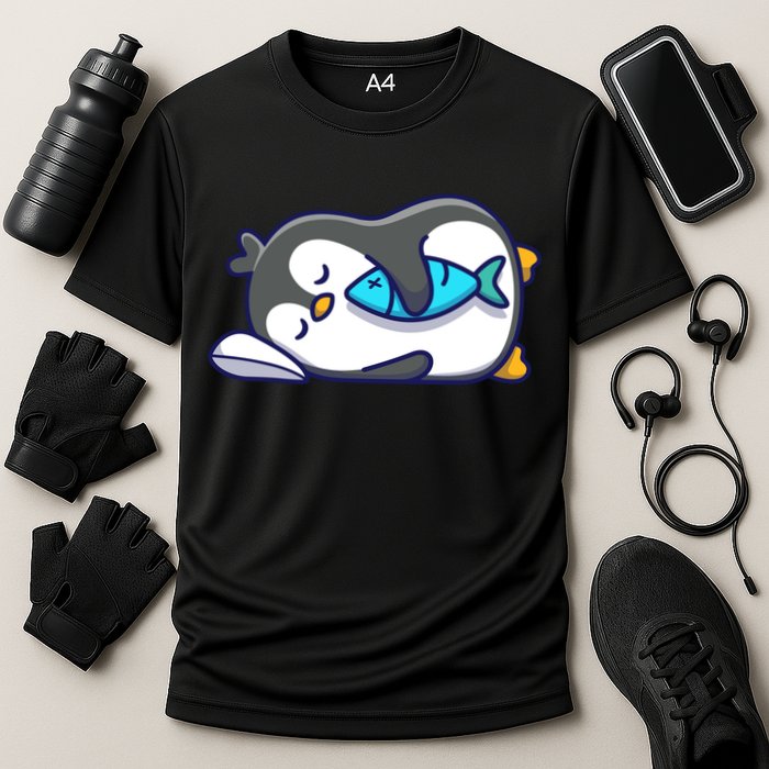 Cute Penguin Sleeping With Fish Cooling Performance Crew T-Shirt