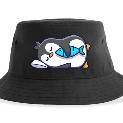 Cute Penguin Sleeping With Fish Sustainable Bucket Hat
