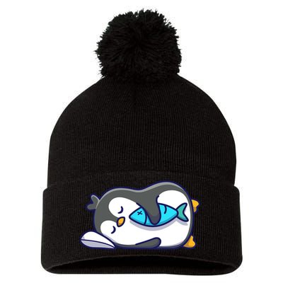 Cute Penguin Sleeping With Fish Pom Pom 12in Knit Beanie
