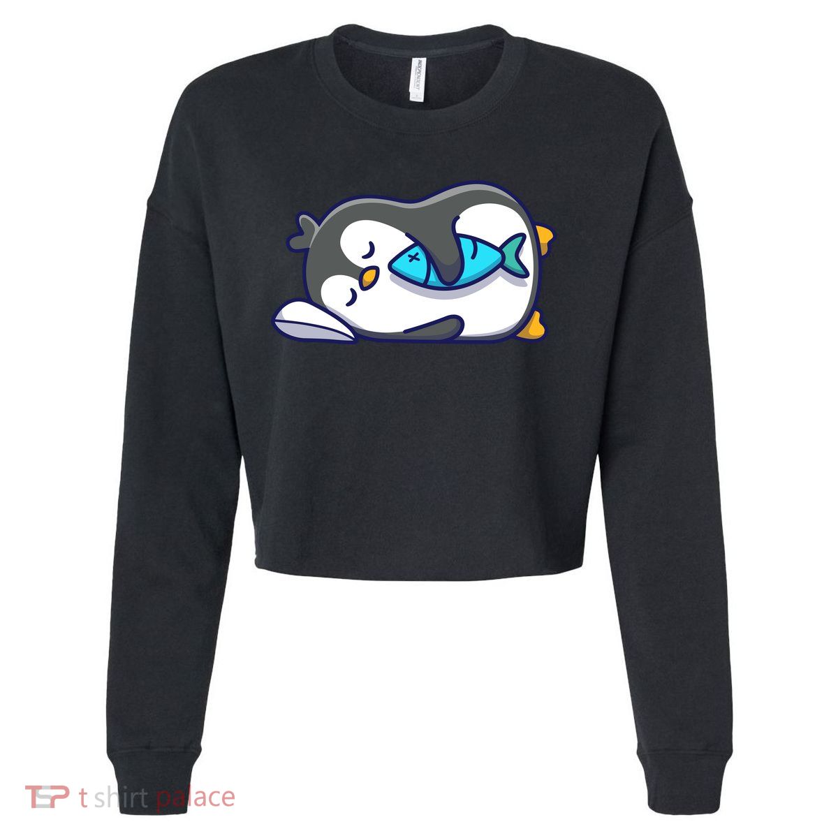 Cute Penguin Sleeping With Fish Cropped Pullover Crew