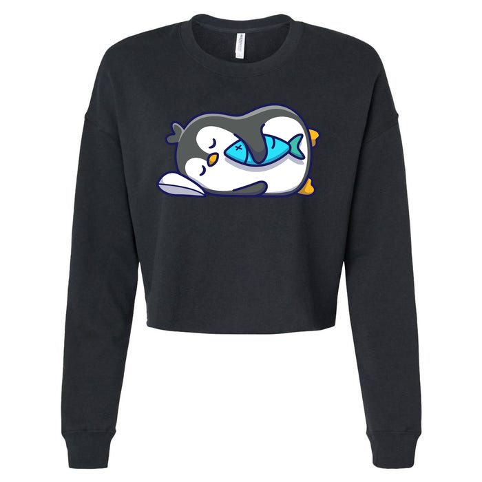 Cute Penguin Sleeping With Fish Cropped Pullover Crew