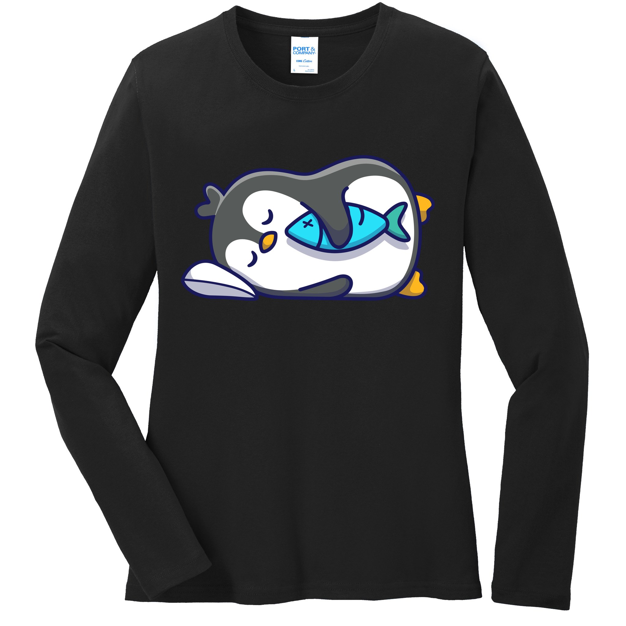 Cute Penguin Sleeping With Fish Ladies Long Sleeve Shirt