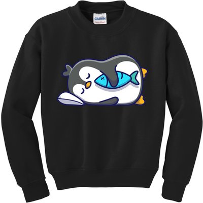 Cute Penguin Sleeping With Fish Kids Sweatshirt