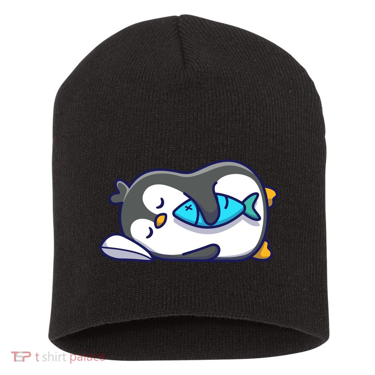 Cute Penguin Sleeping With Fish Short Acrylic Beanie