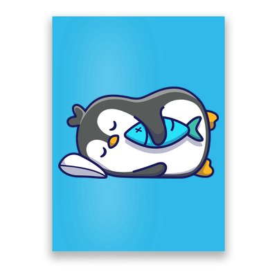 Cute Penguin Sleeping With Fish Poster