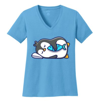 Cute Penguin Sleeping With Fish Women's V-Neck T-Shirt