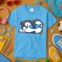Cute Penguin Sleeping With Fish Kids T-Shirt