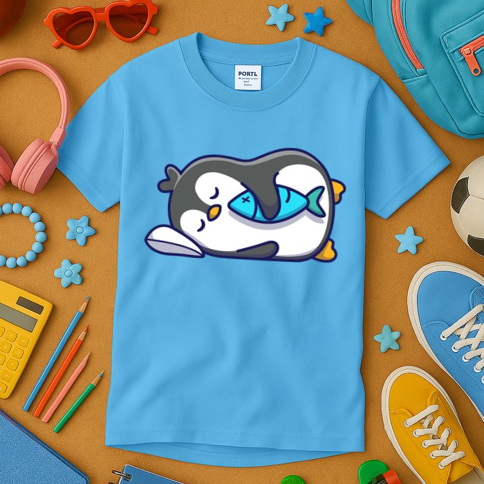 Cute Penguin Sleeping With Fish Kids T-Shirt