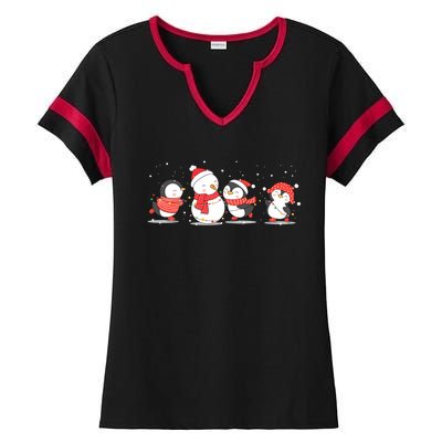 Christmas Penguins Santa Hat Lights Tree Xmas Penguin Gift Ladies Halftime Notch Neck Tee