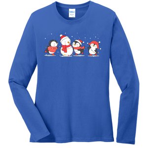 Christmas Penguins Santa Hat Lights Tree Xmas Penguin Gift Ladies Long Sleeve Shirt