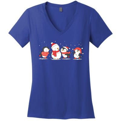 Christmas Penguins Santa Hat Lights Tree Xmas Penguin Gift Women's V-Neck T-Shirt