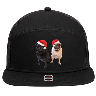 Cute Pugs Santa Hats Funny Dog Portrait Image Christmas Pug Gift 7 Panel Mesh Trucker Snapback Hat