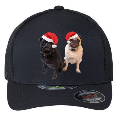 Cute Pugs Santa Hats Funny Dog Portrait Image Christmas Pug Gift Flexfit Unipanel Trucker Cap