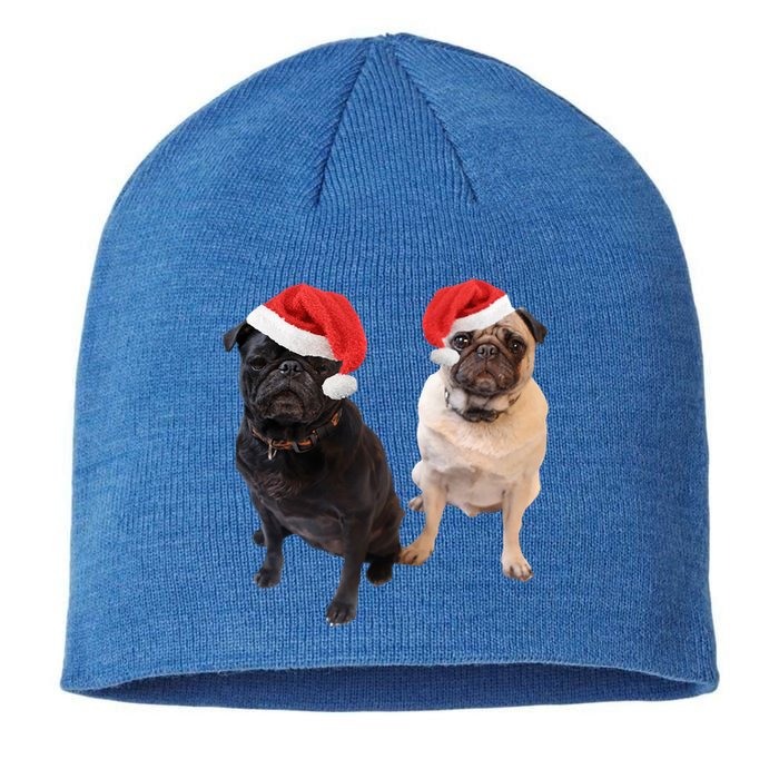 Cute Pugs Santa Hats Funny Dog Portrait Image Christmas Pug Gift Sustainable Beanie