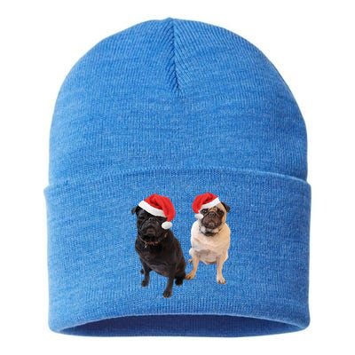 Cute Pugs Santa Hats Funny Dog Portrait Image Christmas Pug Gift Sustainable Knit Beanie