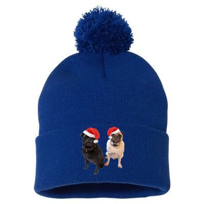 Cute Pugs Santa Hats Funny Dog Portrait Image Christmas Pug Gift Pom Pom 12in Knit Beanie