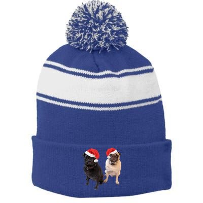 Cute Pugs Santa Hats Funny Dog Portrait Image Christmas Pug Gift Stripe Pom Pom Beanie